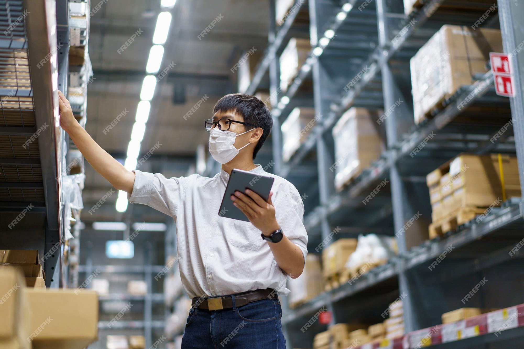 Premium Photo | Portrait asian men, staff, product counting warehouse ...