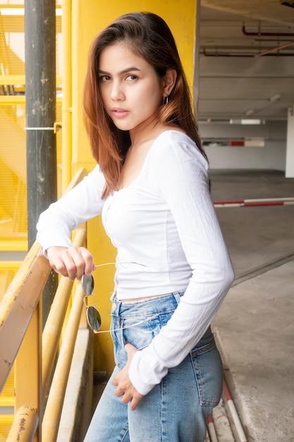 Premium Photo | Portrait of beautiful fashionista woman in white shirt ...