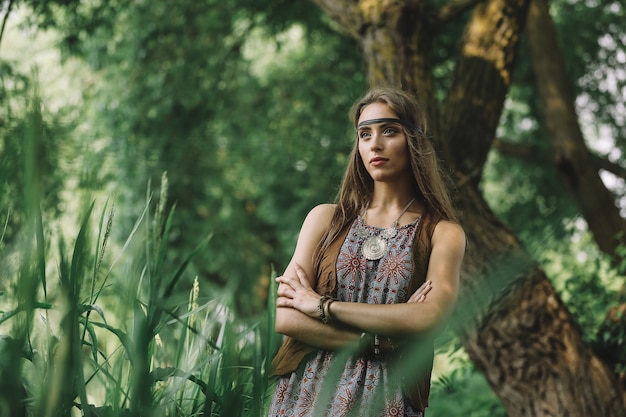 Premium Photo Portrait Of A Beautiful Hippie Girl On The Background Of A Forest Lake