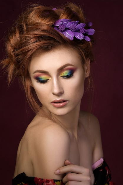 Premium Photo Portrait Of Beautiful Red Haired Woman With Colourful Creative Makeup Looking