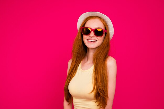 Premium Photo Portrait Beautiful Redhead Girl Isolated Over Pink Wall