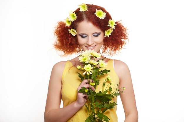 Free Photo Portrait Of Beautiful Smiling Redhead Ginger Woman In Yellow Cloth Holding Yellow