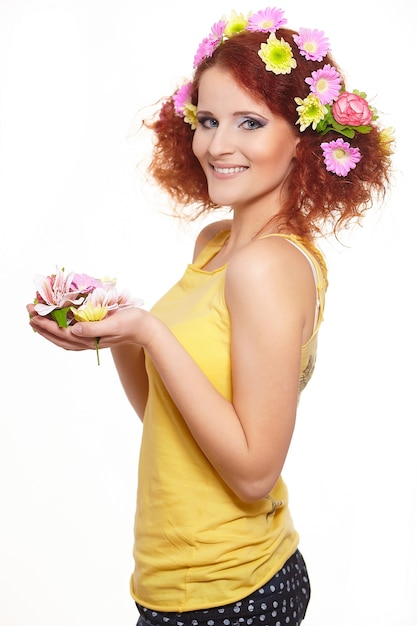 Free Photo Portrait Of Beautiful Smiling Redhead Ginger Woman In Yellow Cloth With Yellow Pink