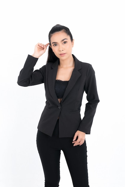 Premium Photo Portrait Business Woman Wearing A Black Suit At Studio