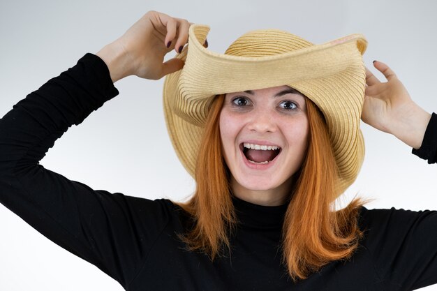 Download Free Portrait Of Funny Redhead Woman In Bag Yellow Straw Hat Premium Use our free logo maker to create a logo and build your brand. Put your logo on business cards, promotional products, or your website for brand visibility.