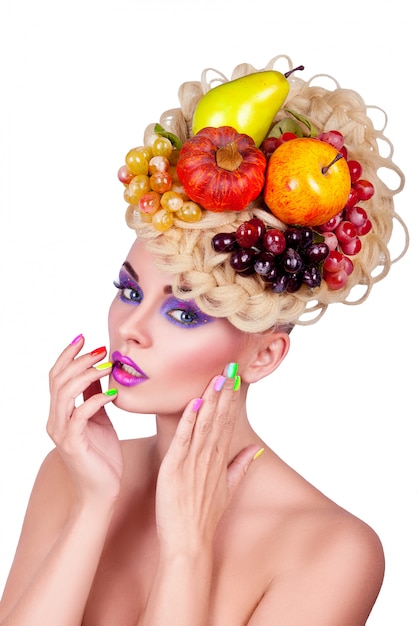 Premium Photo Portrait Of A Girl With Professional Makeup And Hairstyle Vegetables And Fruits 8331