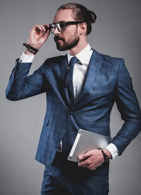 british handsome blue eyes model in gray suit