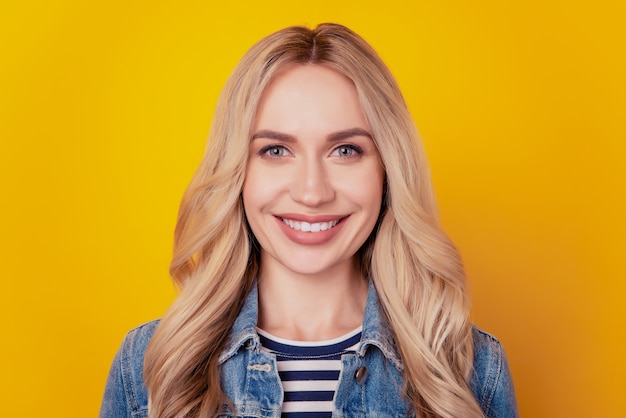 Premium Photo Portrait Of Lovely Positive Blonde Lady Look Camera