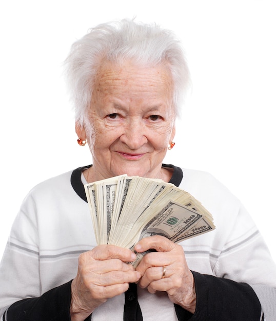 Premium Photo | Portrait of an old woman holding money in hand isolated