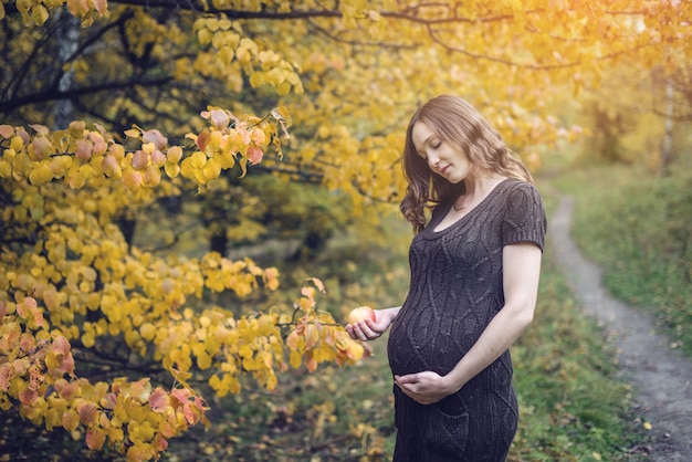 Premium Photo Portrait Of Pregnant Woman Belly In Colorful Autumn Forest