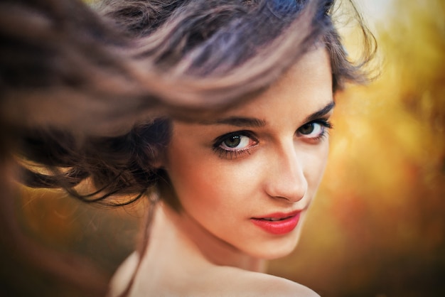 Premium Photo Portrait Of Pretty Woman Dark Hair Green Eyes 