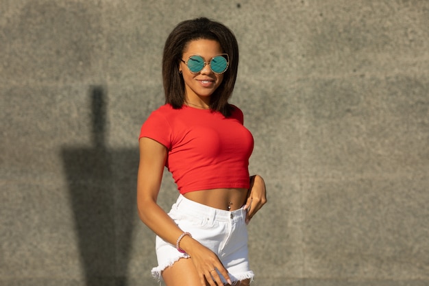 red top white shorts