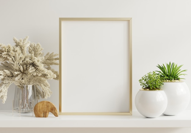 Premium Photo Poster Mock Up With Vertical Metal Frame With Ornamental Plants In Pots On Empty Wall