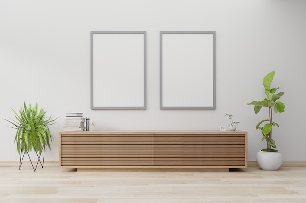 Poster mockup in modern living room with cabinet and plant ...