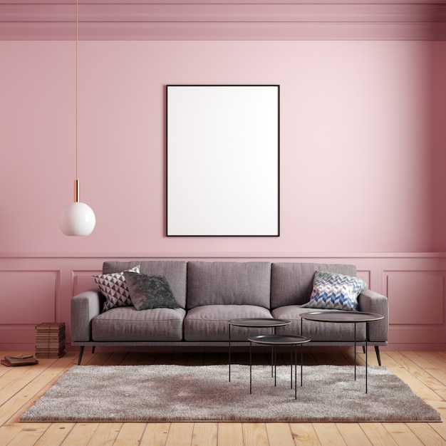 Download Premium Photo Poster Mockup In Pink Interior With Sofa And Decorations PSD Mockup Templates