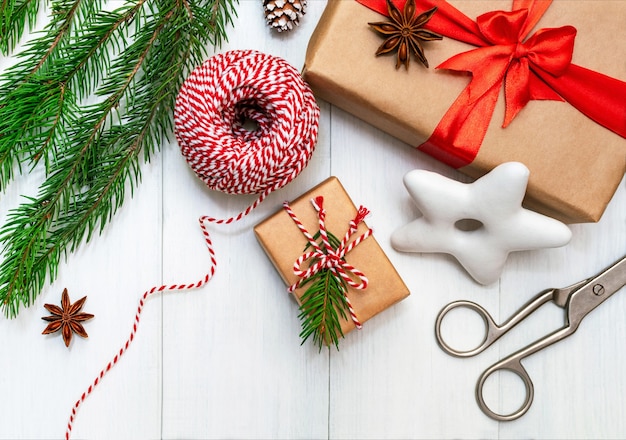 Premium Photo | Preparing for the holidays, wrapping gifts, top view ...