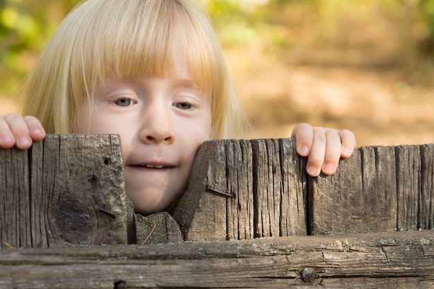 Premium Photo | Pretty little blond girl peering over an old rustic ...