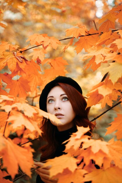 Premium Photo Pretty Woman In Park Among The Leaves Autumn Romantic