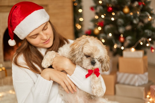 きれいな女性はサンタの帽子と白いジャンパーを着て 彼女の犬を抱き 一緒に楽しんで リビングルームの装飾された緑のクリスマスツリーと暖炉の近くで家で冬休みを過ごします プレミアム写真