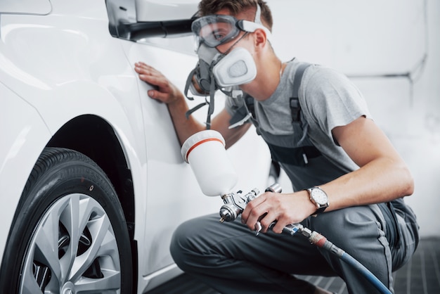 Premium Photo | The procedure of painting a car in the service center.