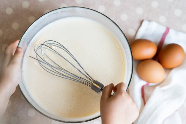 Premium Photo | The process of making dough for pancakes with ...