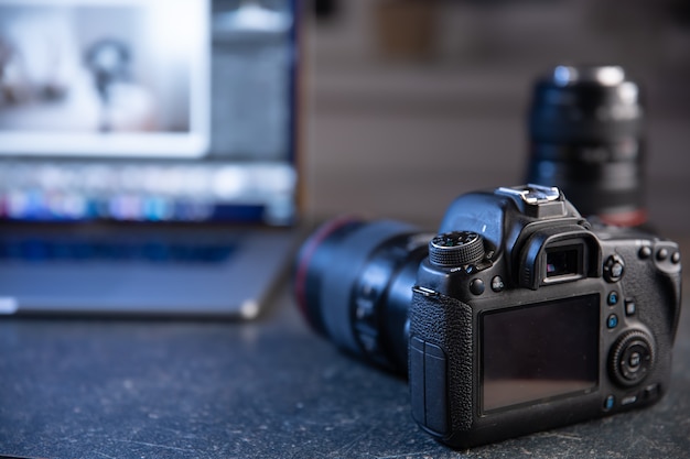 Premium Photo | Professional camera on a blurred background with a