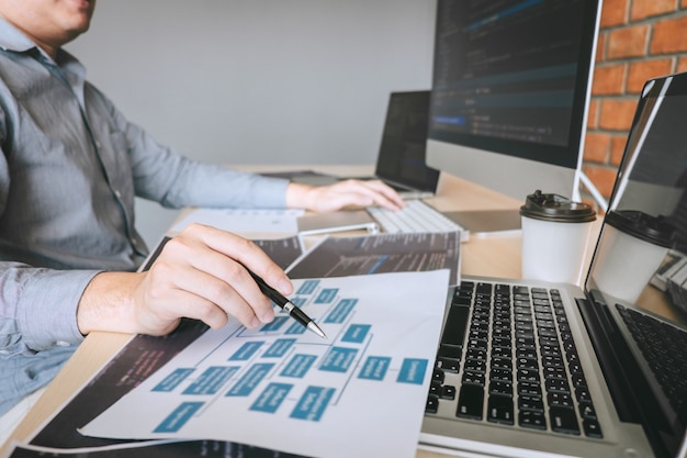 Professional developer programmer working a software website design and coding technology, writing codes and database in company office, global cyber connection technology Premium Photo