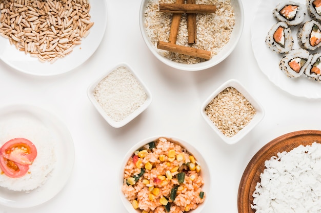 Free Photo | Puffed rice; chinese fried rice; uncooked rice with