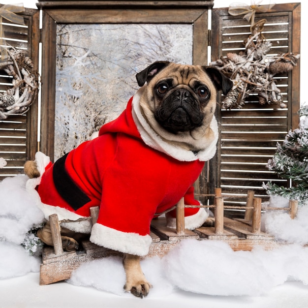 Premium Photo | Pug wearing a christmas suit sitting in a winter scenery