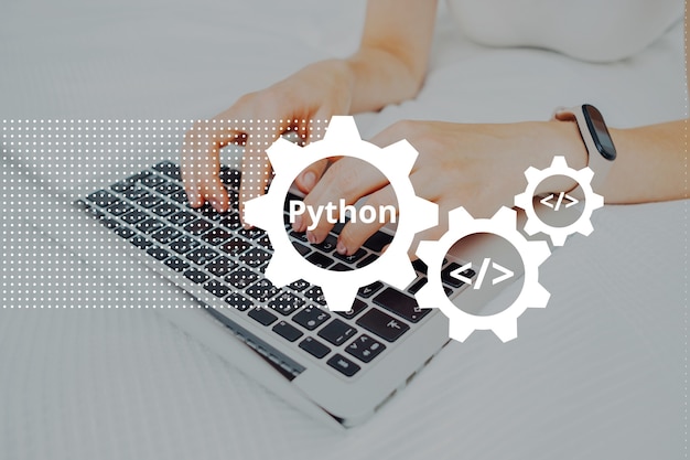 Python programming code language learning concept with person and laptop. Premium Photo