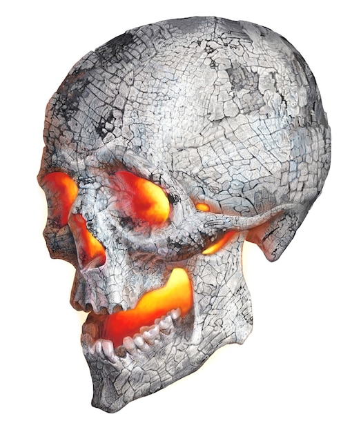 人間の頭蓋骨のリアルな描画 燃える灰の頭蓋骨とカラーイラスト プレミアム写真