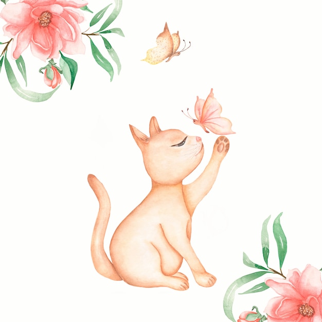 蝶と花のカードと赤い国内座っている猫 かわいい猫のキティが蝶をキャッチします 水彩の手描きイラスト プレミアム写真