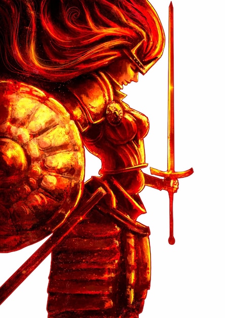 premium-photo-red-and-gold-queen-valkyrie-with-a-huge-round-shield