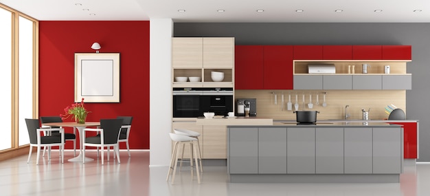 Red and gray modern kitchen Premium Photo