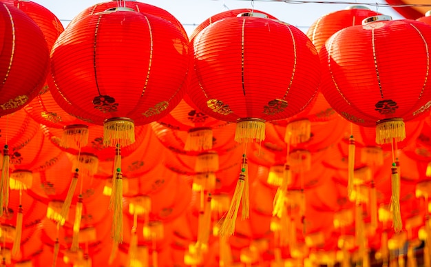 Red lantern decoration for chinese new year festival at chinese shrine ancient chinese art with the chinese alphabet Premium Photo