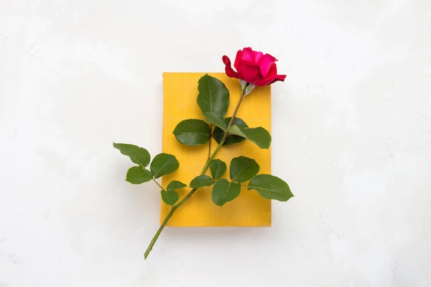 Premium Photo | Red rose on a book with a yellow cover on a light stone ...