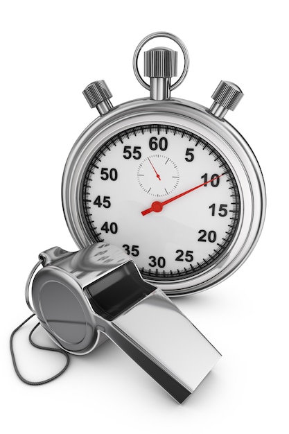 Referee whistle and stopwatch on a white background. 3d rendering. Premium Photo