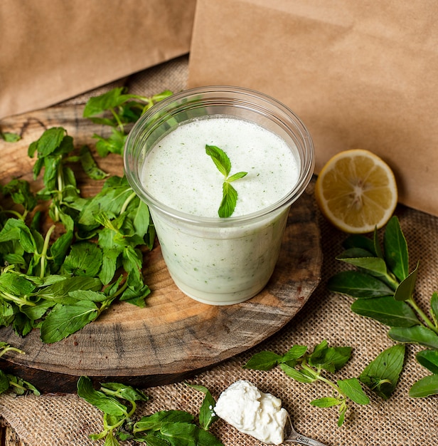 Free Photo | Refreshing cold yogurt shake with herbs and mint, ayran