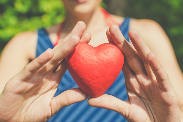 Relationship and love womans hands holding red heart Premium Photo