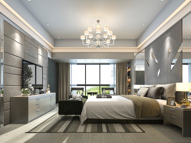 Rendering Luxury Modern Bedroom Suite In Hotel Photo