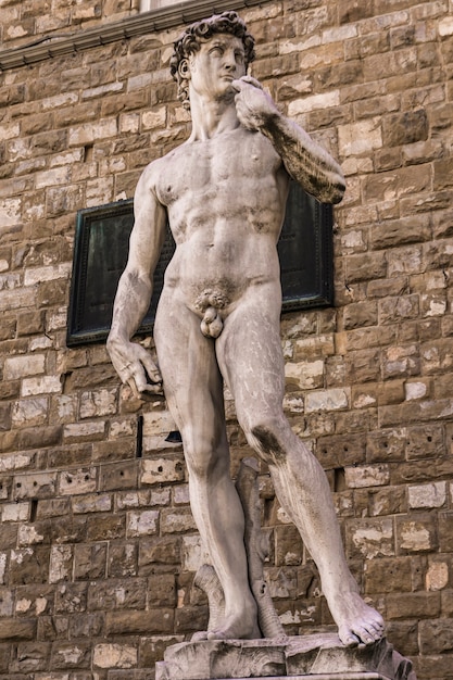 イタリア フィレンツェのヴェッキオ宮殿の前にあるミケランジェロ像ダビデ像の複製 プレミアム写真