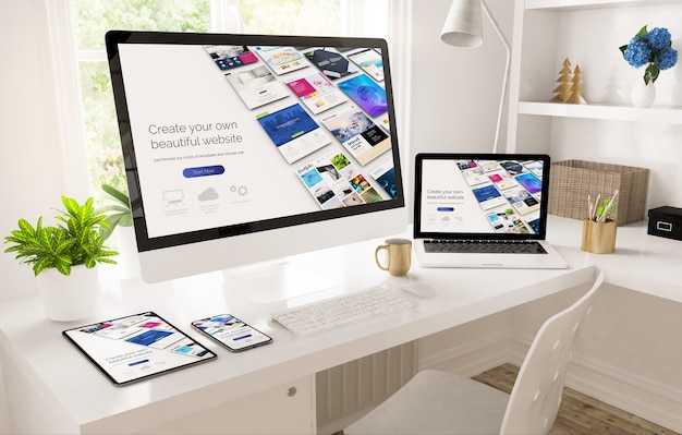 Responsive devices on home office setup showing website builder 3d rendering Premium Photo