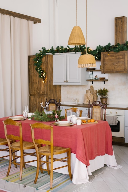 Premium Photo Retro Vintage Dining Table With Wooden Chairs In The Dining Room Decorated For Christmas