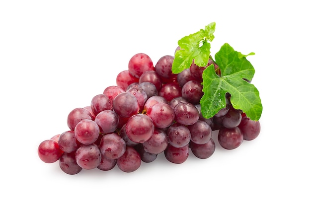 Premium Photo | Ripe red grapes with leaves on white background