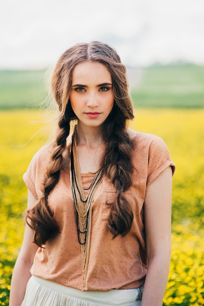 Premium Photo Romantic Hippie Girl Standing In A Field Summer