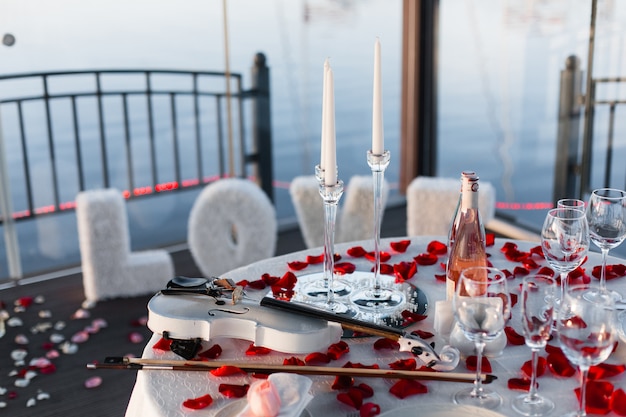 Romantic Valentine Table Setting With Wine Dishes Empty