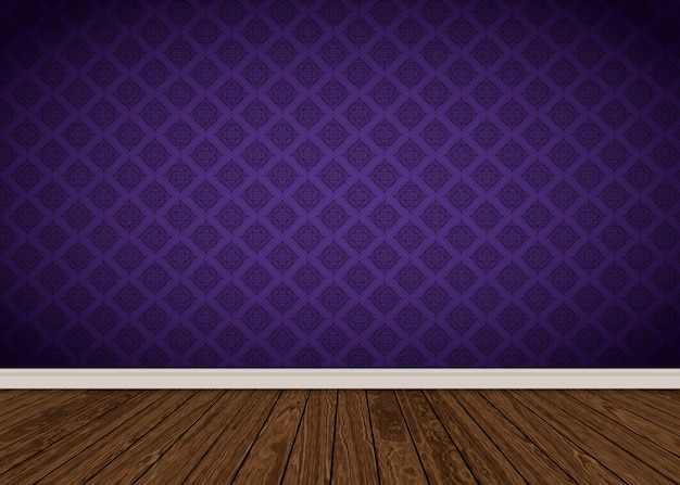 紫のダマスクの壁紙と木製の床の部屋のインテリア 無料の写真
