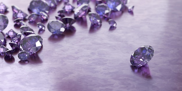 光沢のある背景に配置された丸い紫色の宝石とジュエリーダイヤモンドグループ プレミアム写真