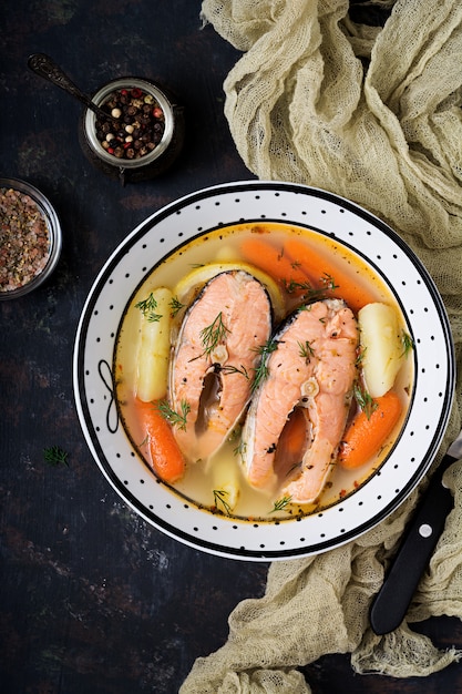 Premium Photo | Salmon fish soup with vegetables in bowl