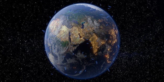 衛星と通信地球と宇宙天の川銀河の背景3dイラスト プレミアム写真